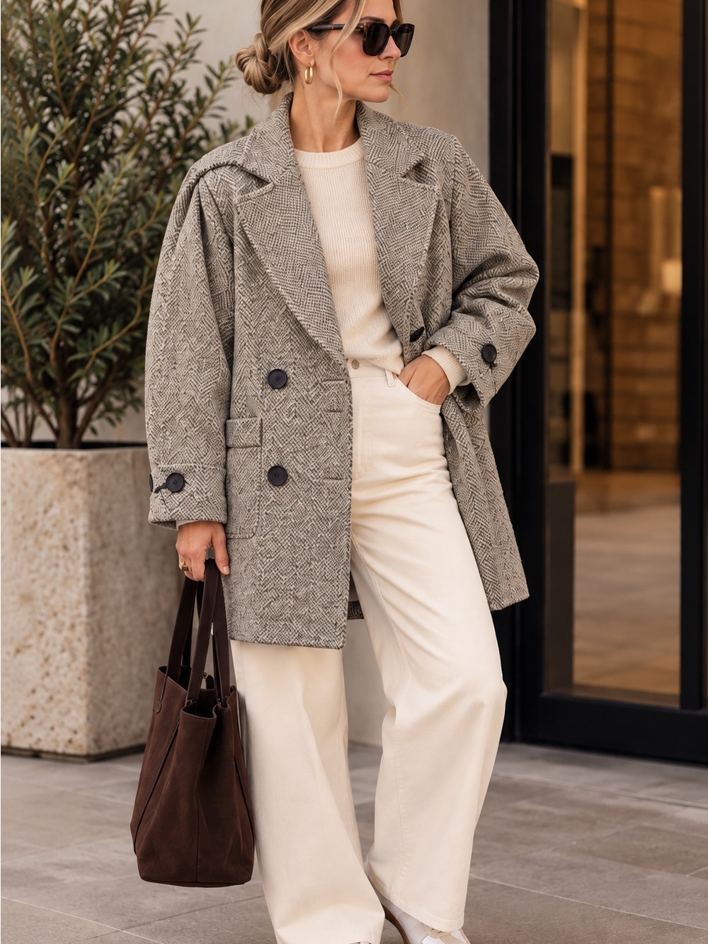 Vintage Wool-Blend Herringbone Coat | XL